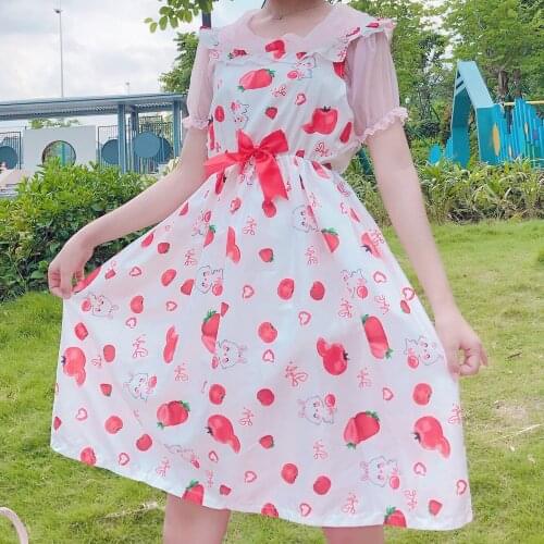 Womens Japanese-Style Sweet Cartoon Strawberry Rabbit Printed Waist fairy dress tea party lolita dress sweet lolita doll