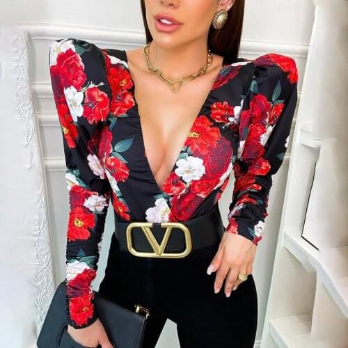 2021 Spring Elegant Bohemian Printed Jumpsuit Jumpsuit Ladies Jumpsuit Puff Sleeve Tight Sexy V-neck Tights