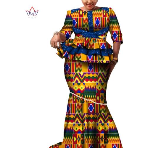 African Long Sleeves Print Tops and Skirt Sets for Women Bazin Riche African Clothing 2 Pieces Skirt Set Peals Customize WY6113