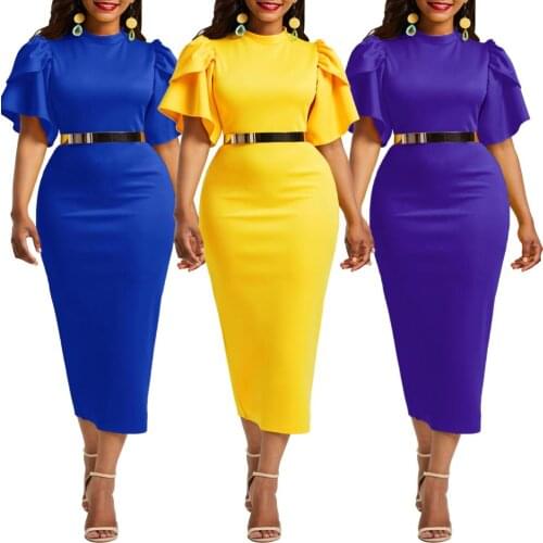 Sexy Women Solid Color O Neck Short Flared Sleeve Bodycon Banquet Midi Dress