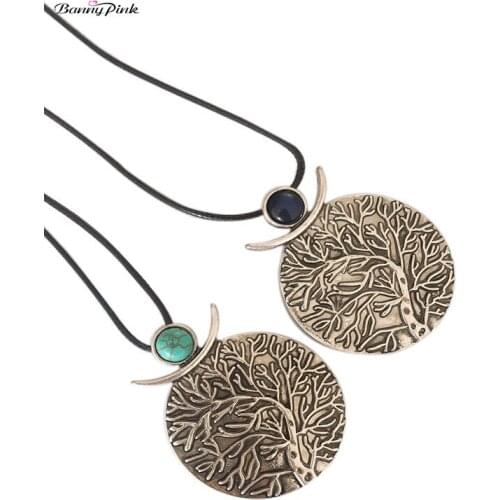 Banny Pink Vintage Carved Life Tree Pendant Necklace For Women Ethnic Stone Coin Round Dangle Necklace Black Rope Sweater Chain