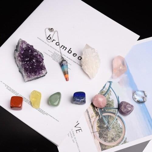 11Pcs Crystals and Healing Stones Kit With Wood Box 7 Raw Chakra Pendulum Amethyst Rose Quartz Natural Gemstones Kit