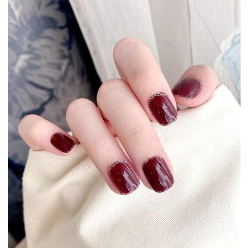 24pcs Wine Red Nail Patch Glue Type Removable Short Paragraph Fashion Manicure Save Time False Nail Patch DL