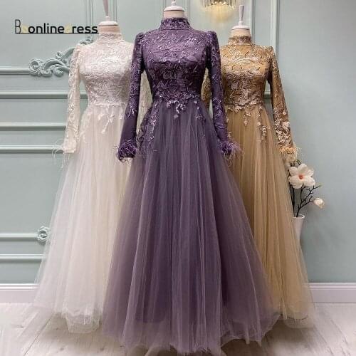 Bbonlinedress Muslim Moroccan Evening Dresses Caftan Embroidery Appliques Long Evening Dress Full Feathers Sleeve Party Dresses