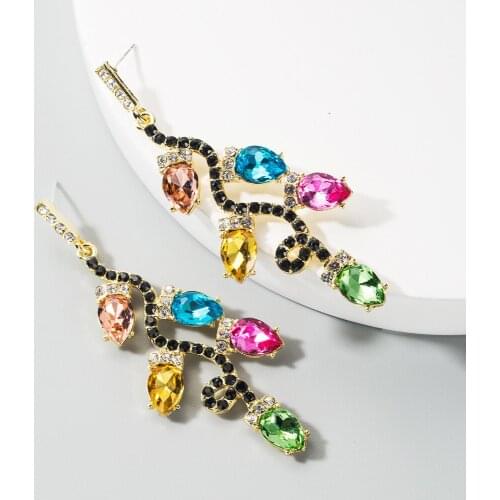 Big Crystal Earrings Colorful Leaves Retro Drop Earrings For Women Metal Earing Gold Color Black Green Pink Creative Earings