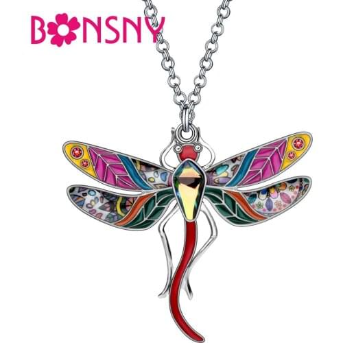 Bonsny Enamel Alloy Rhinestone Floral Dragonfly Necklace Pendant Chain Choker Insect Jewelry For Women Girl Party Gift Accessory