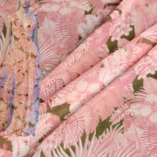 Red Raspberry 8momme Pink Flowers Printed Crinkle Chiffon Silk Fabrics Materials Women Dress DIY Sewing Cloth Freeshipping