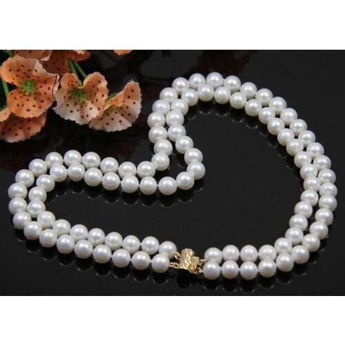 HOT 2 rows AA 9-10mm white Fresh water cultured pearl necklace 18"-19"