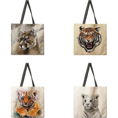 Reusable shopping bag black and white tiger ladies fashion beach bag shoulder bag linen fabric tote bag