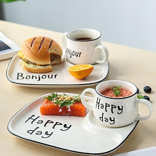 Breakfast Tableware Set Creative Household Ceramic Bowls Japanese Divided Grid Plates Milk Oatmeal Cup посуда тарелки для еды