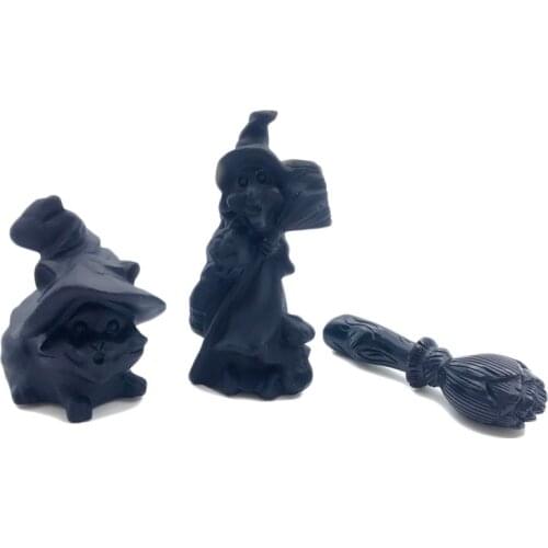 Natural Black Obsidian Carved Witch Healing Crystal Wiccan Craft Women Gift Halloween Diy Accessories Rainbow Ornament Home Deco