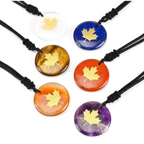 Natural crystal semi gem Healing Stone Round Pendant Maple Leaf Design Jewelry Necklace