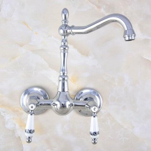 Polished Chrome Brass Wall Mount Kitchen Sink Faucet Swivel Spout Mixer Tap Dual Ceramics Handles Levers anf572