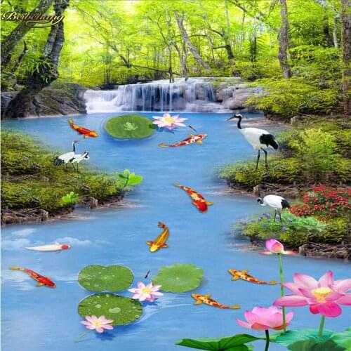 Beibehang Custom Photo 3D Floor Painting Wallpapers Water Making Bean Fish Figure Lotus Fish 3D Floor 3D Painting