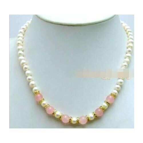 SALE 6-7mm White natural freshwater Pearl &8mmPink jade 17" Necklace-5834