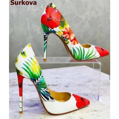 Surkova Banana Leaf Red Flowers Printed Dress Shoes 12cm 10cm 8cm Thin High Heel Pointed Toe Floral Shallow Pumps Size45
