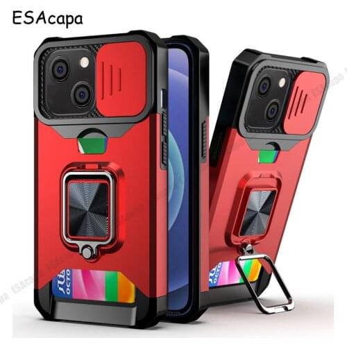 Protection Slide Camera Lens TPU Phone Case For Iphone 13 12 Pro XS Max PC Card Slot Ring Kickstand Cover For Iphone 13 Mini 8 7