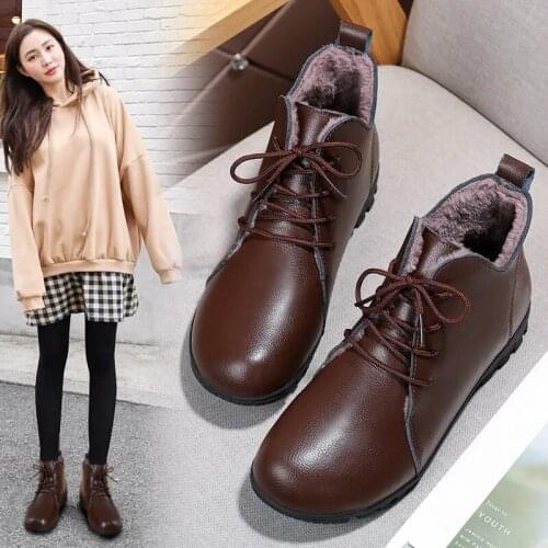 Genuine Leather Fur Boots Women Lace Up Oxford Wedge Shoes for 2021 Winter Plush Leather Moccasin Boots Lady Cozy Soft Booties