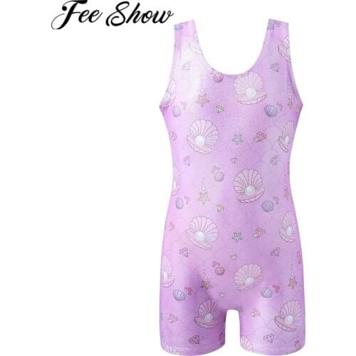 Girls Ballet Leotard Kids Dance Wear Sleeveless Fish Scales Shell Print Gymnastics Leotard Dance Training Jumpsuit Bodysuit