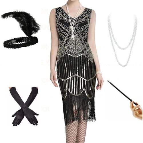 Womens 1920s Gatsby Sequin Beads Long Fringe Art Deco Flapper Party Dress with Sleeveless /Accessories Set Plus Size 4XL Black
