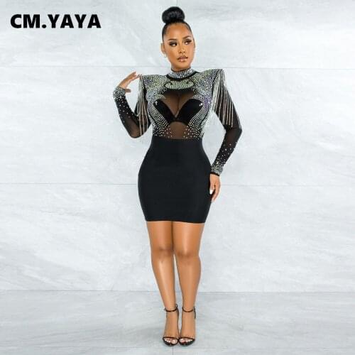 CM.YAYA Women Dress Solid Long Sleeves Turtleneck Diamonds Mesh Slim Midni Dress Sexy Party Dresses