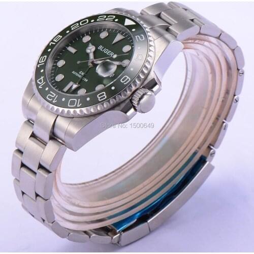 1878,Bliger 43mm green dial green bezel Sapphire Glass GMT Ceramics Bezel Automatic Mens Watch