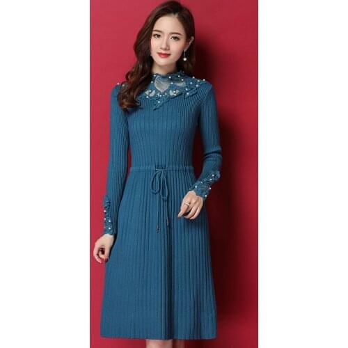 2019 autumn new Casual knitting dress women Solid color O-Neck Sweater dress fashion Loose Knee-Length dress women