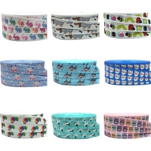 5yards 15mm Rabbit Cat Dog Flamingo Print Fold Over Elastic Ribbon For Sewing Hair Tie Strap Backpack Decoration Accessories