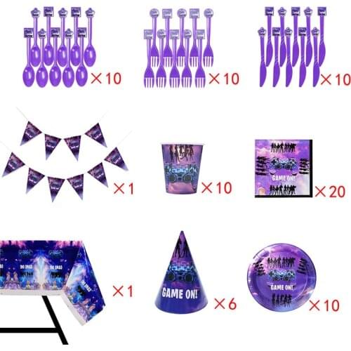 9 Pcs/Set Fortnite Theme Disposable Tableware Design Kid Birthday Party Paper Plate+Cup+Napkin+ Straw+Tablecloth Party Supplies