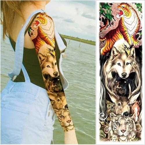 Large Arm Sleeve Tattoo Japanese Wave Waterproof Temporary Tattoo Sticker wolf Men Tiger Fox Tatoo Body Art Women chinese tattoo