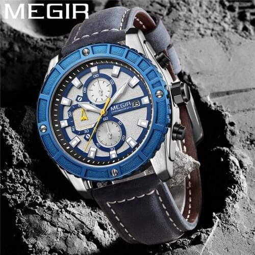 MEGIR Watch Men Chronograph Military Male Clock Top Brand Luxury Blue Genuine Leather Fashion Classic Man Sport Wristwatch 2119