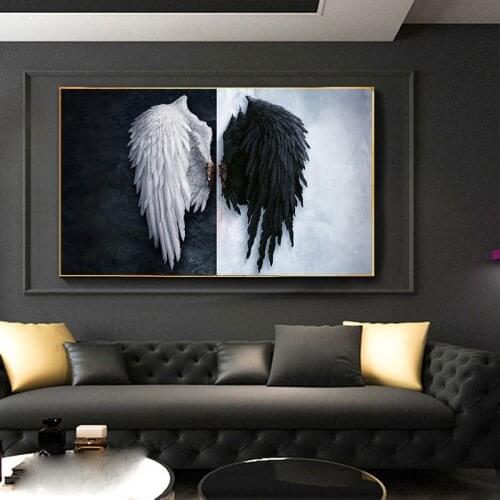 Black&White Modern Angel Wings Feather Wall Art Canvas Prints Paintings on The Wall Picture for Living Room decoration No Frame