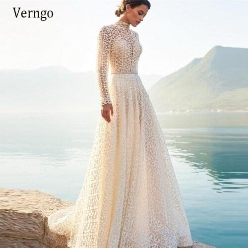 Verngo Elegant High Neck Full Lace Wedding Dress Long Sleeves Boho A Line 2021 Bride Gowns Open Back Glitter Crystal Sash