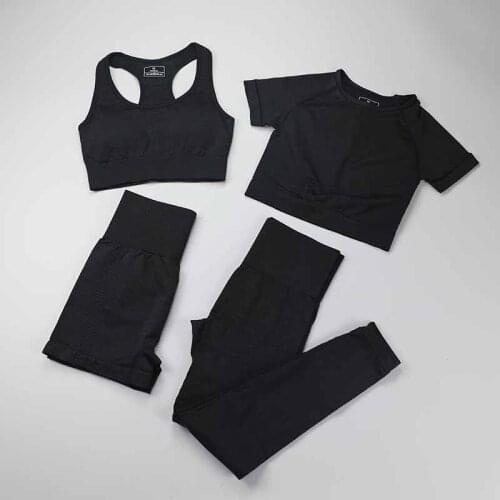4Pcs Yoga Set Sports Wear For Women Gym Clothing Sports Suit Fitness Long Sleeve Crop Top High Waist Leggings Sports Suits