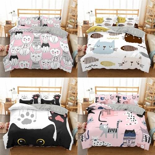 Cartoon Cat Printed Bedding Set Funny Pet Cats Duvet Cover For Girl Kid Twin Full King Double Size Pillowcase Home Bedclothes