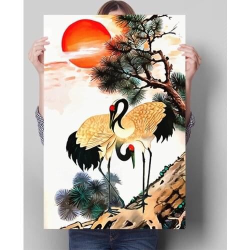 Crane Bird Color Ink Canvas Painting Japanese Style Red Sun Landscape Poster Wall Art Print Picture for Living Room Home Decor