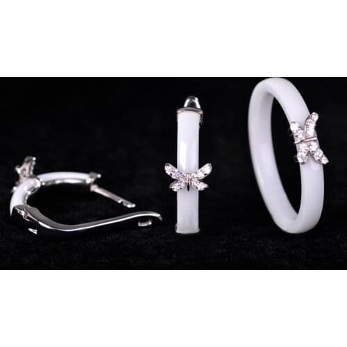 Madrry Fashion Butterfly Jewelry Sets Earrings&Rings CZ Zircon White/Black Ceramic Orecchino Crystals Soft Copper Anel Schmuck