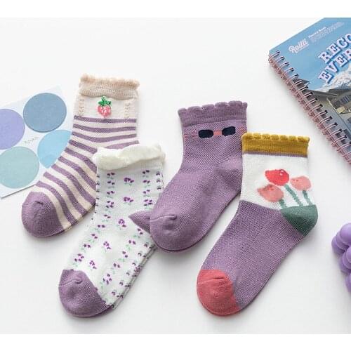 Baby Girl Socks With Summer Cotton Breathable Purple Short Socks For Girls Set Ankle Mesh Thin KIds Spring Beautiful 4Pairs/Lot