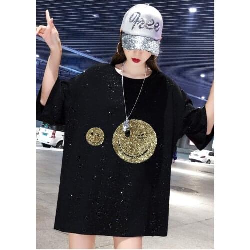 2021 News Summer Korean Loose Sequined Black T Shirt Sweet Style O Neck Smiley Face Pattern Tee Ins cotton Girl Top