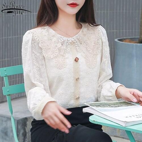 2021 Autumn New Cotton Vintage Lace Elegant Womens Blouse Korean Clothes Lace Latern Long Sleeve Slim Womens Shirts 11056