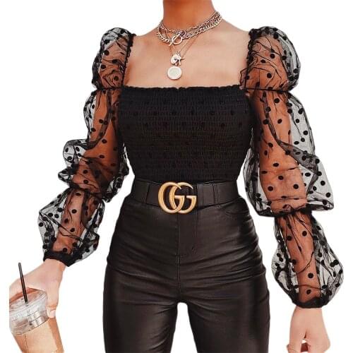 New Women Mesh Shirts Fashion Slim Square Collar Tops Female Shirt Spring Summer Polka Dot Lace