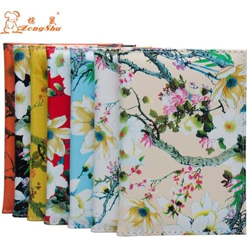 Fashion Color Printing PU Leather Passport Holder with Inner Film Holder Plum Peach Flower Landscape Painting Passport Cover