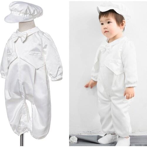 Baby Boy Christening Romper Newborn Baptism White Jumpsuit with Hat Infant 1st Birthday Party Wear Outfits Boy Boutique Clothes