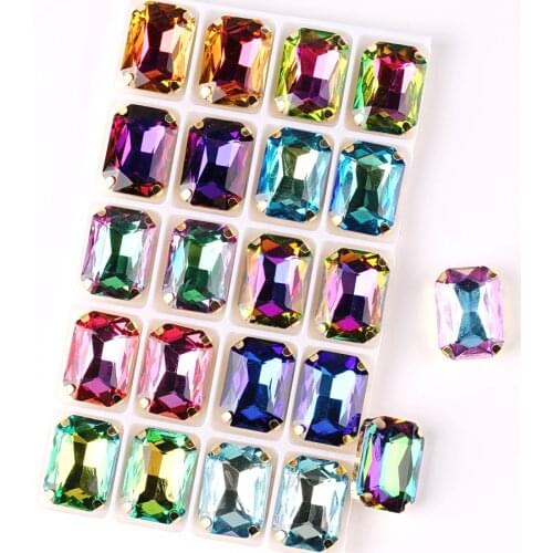 Rectangle shape Gold claw settings 20pcs/Pack rainbow & jelly AB glass Crystal 13*18mm Sew on rhinestone Crystals shoes bags diy