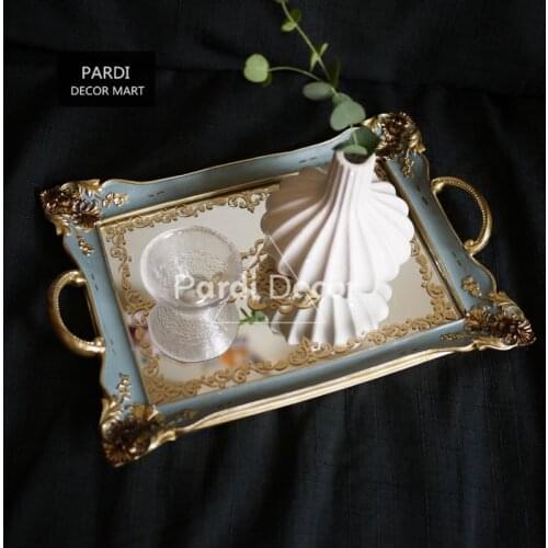 Retro french style blue color handmade carved tray storage plate fruit cake tray tea tray Multi-functional tray 1pc/lot