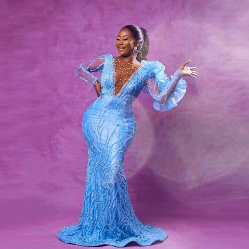 Sexy Deep V Neck Mermaid Prom Dresses Aso Ebi Ruffles Crystals Long Evening Dress Custom Made African Formal Party Gown