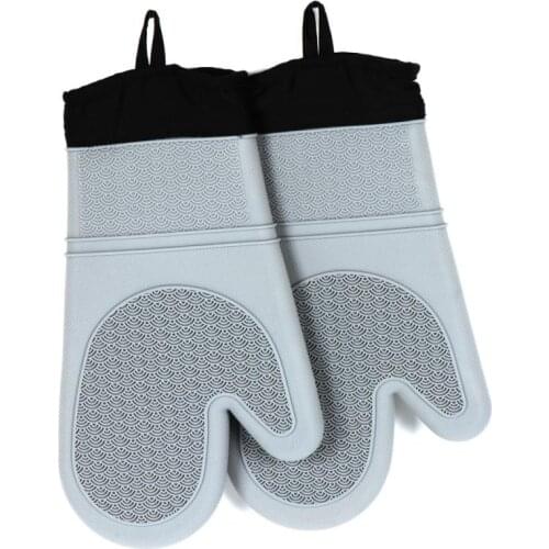 Thickened Silicone Oven Mitt Non-Slip Waterproof Heat Resistant Kitchen Gloves Long Cotton Bbq Oven Gloves for Barbecue Cooking
