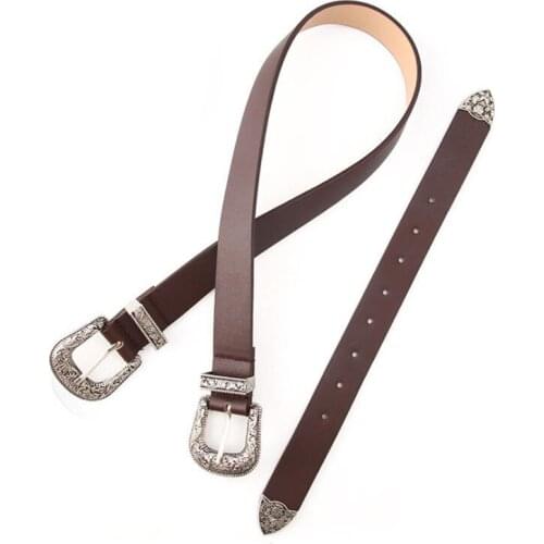 Vintage Women Boho Metal PU Belts Ladies Black Brown Coffee Double Buckle Waist Waistband Female