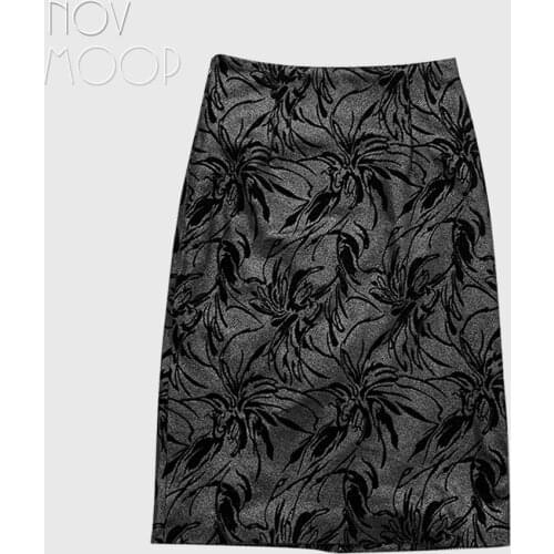 Novmoop floral pattern printed genuine leather flockering women skirt French elegant office lady style LT3513