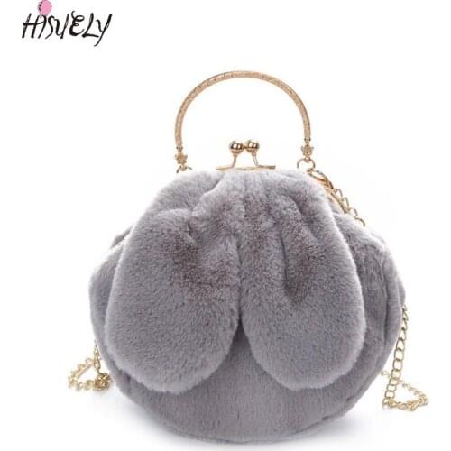 New Lovely Winter Cute Ear Women Plush Shoulder Bag Fashion Handbags Fur Soft Clutches Lady Design Crossbody Bag Party Purse Q3